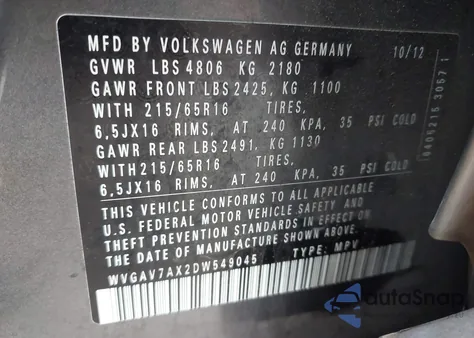 2013 Volkswagen Tiguan S из США, поврежденный, VIN WVGAV7AX2DW549045